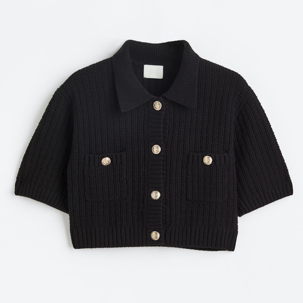 H&M Rib-Knit Cropped Crop Cardigan With Collar Black & Gold Buttons Size Small
